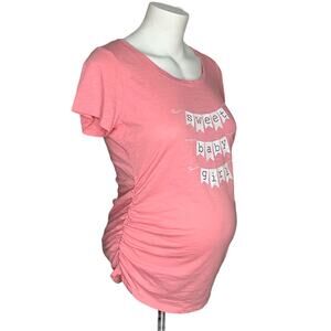 Motherhood Maternity Graphic Top Short Sleeve Pink Size Medium Ruched Sides